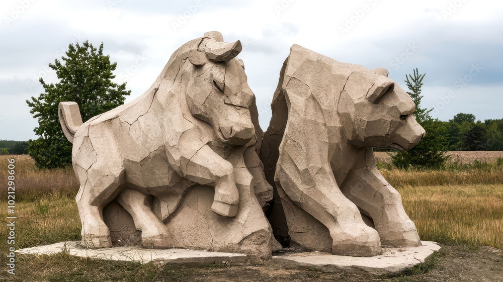 Obraz premium A striking stone sculpture showcasing a bull and a bear in dynamic form, set against a natural landscape.