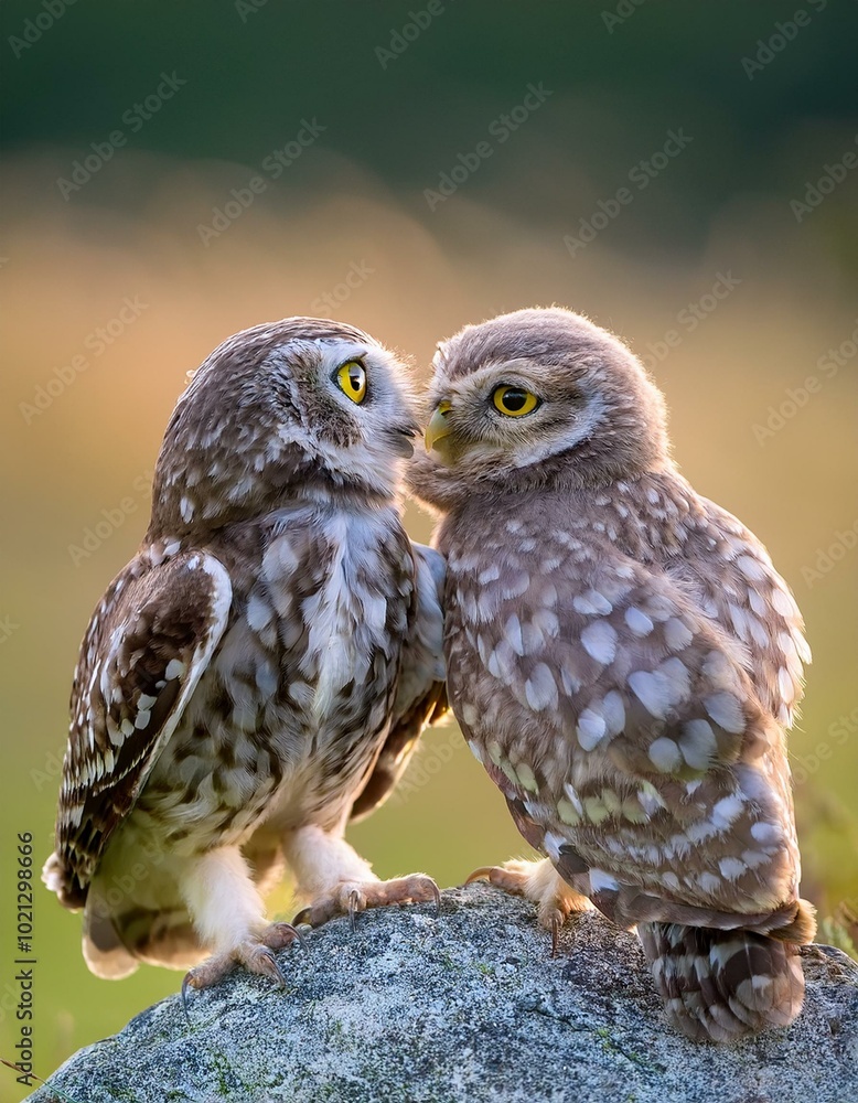 Two owls face each other on a rock. Two owls face each other on a rock.