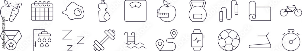 Collection of Signs of Healthy Lifestyle, Fitness, Wellness Drawn with Thin Line for apps, web sites, banners, infographics and other types of design Collection of Signs of Healthy Lifestyle, Fitness, Wellness Drawn with Thin Line for apps, web sites, banners, infographics and other types of design