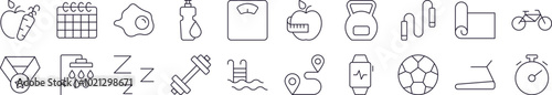 Collection of Signs of Healthy Lifestyle, Fitness, Wellness Drawn with Thin Line for apps, web sites, banners, infographics and other types of design
