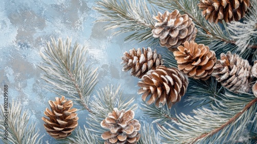 Frosted pine cones resting on evergreen branches, with a crisp icy blue background. A perfect winter holiday composition.