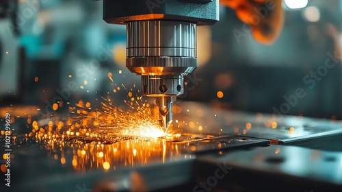 Close-up of a drill bit cutting metal, sparks flying.  Industrial manufacturing process. photo