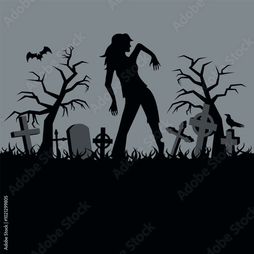 Dark spooky background with zombie and graveyard vector illustration. Halloween background with cemetery and zombie vector. Night scary landscape with graves. Template for background, banner, card