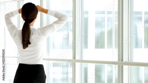 Stretching Break: isolate on white background. An image of an office worker standing up, stretching their arms and neck. Natural light illuminates the scene, emphasizing the importance of movement 