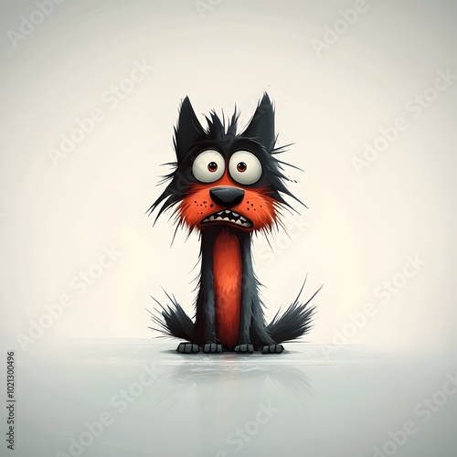 Whimsical digital depicting an irate and astounded dog with a furrowed brow and wide open eyes sitting on a clear transparent surface and conveying a jovial and playful countenance
