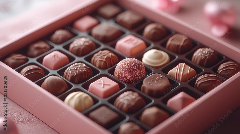 A delightful assortment of chocolates in a pink box, featuring various shapes, colors, and textures, perfect for gifting or indulgence. A delightful assortment of chocolates in a pink box, featuring various shapes, colors, and textures, perfect for gifting or indulgence.