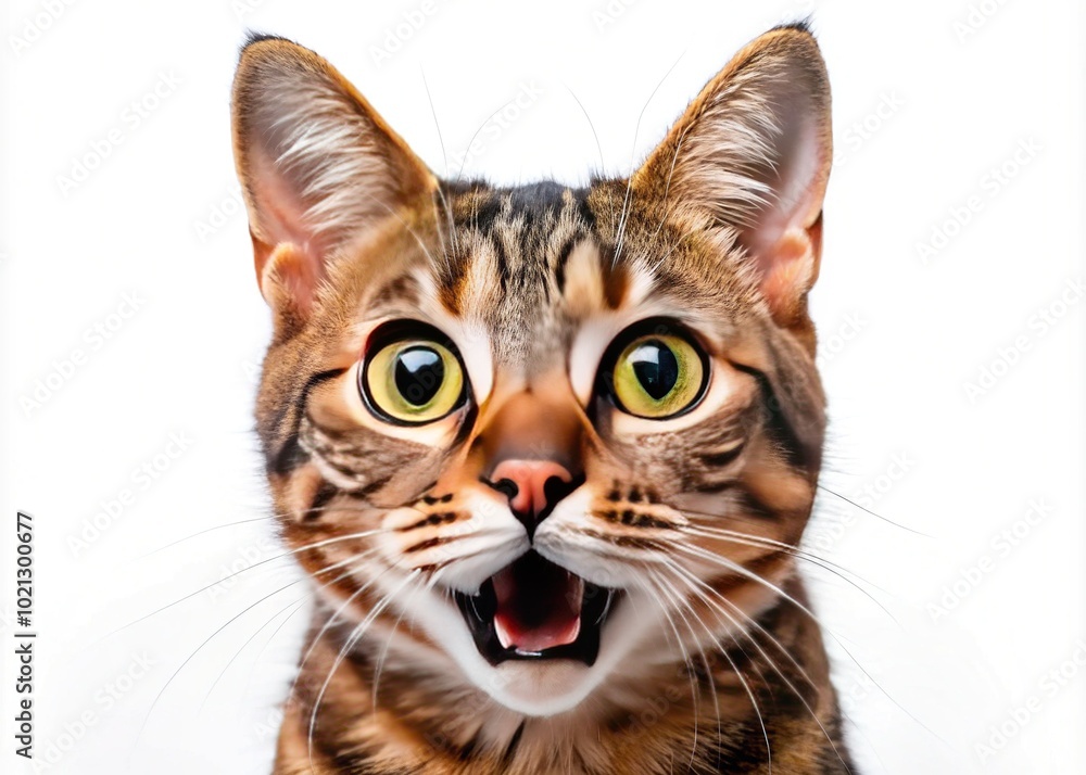 Captured on a white backdrop, this startled cat's wide eyes and open mouth evoke surprise, making it a fantastic choice for adding unique text overlays and creative visuals. Captured on a white backdrop, this startled cat's wide eyes and open mouth evoke surprise, making it a fantastic choice for adding unique text overlays and creative visuals.