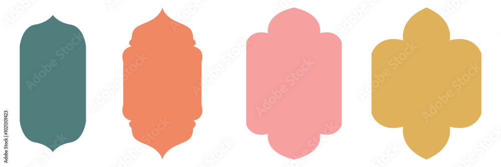 Old mosque windows shape in oriental style. Islamic door set, flat Arabic frames or Arabian arches silhouette. Muslim architecture geometric design elements. isolated on white background. EPS 10 Old mosque windows shape in oriental style. Islamic door set, flat Arabic frames or Arabian arches silhouette. Muslim architecture geometric design elements. isolated on white background. EPS 10