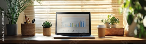 A bright workspace features a laptop displaying data charts, surrounded by potted plants and a coffee cup, emphasizing productivity and a vibrant office environment.