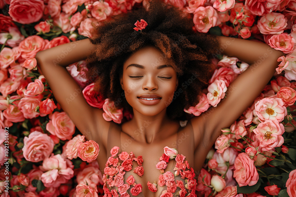 African American woman lying in flowers. Femininity, beautiful fashion model with perfect makeup and skin, top view. International Women's Day, Valentine's day, beauty photography African American woman lying in flowers. Femininity, beautiful fashion model with perfect makeup and skin, top view. International Women's Day, Valentine's day, beauty photography