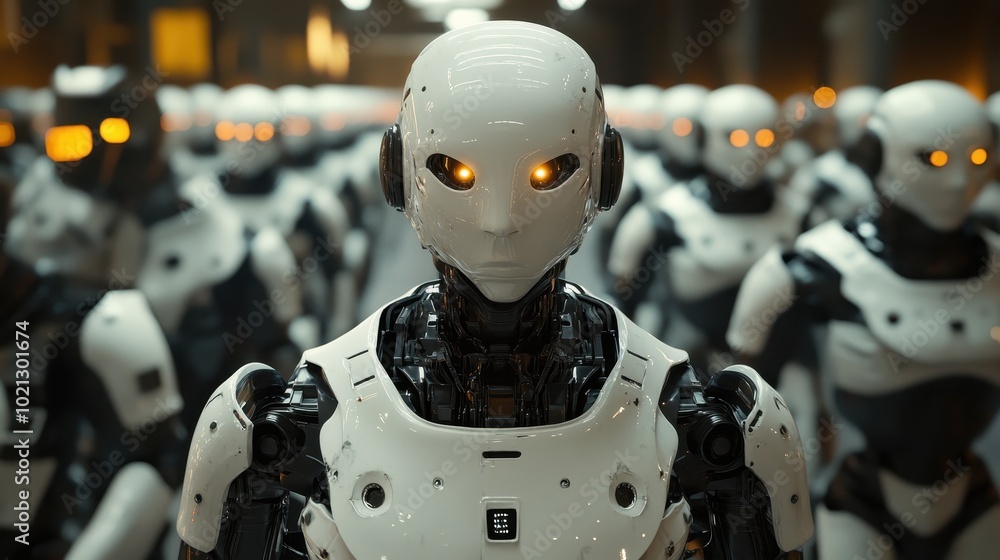A futuristic scene featuring a line of humanoid robots with glowing eyes, showcasing advanced technology and artificial intelligence. A futuristic scene featuring a line of humanoid robots with glowing eyes, showcasing advanced technology and artificial intelligence.