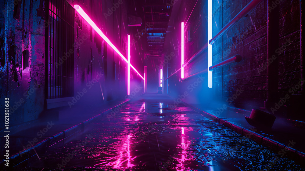 cyberpunk style dark alley with pink and blue gradient narrow alley in ...