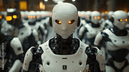 A futuristic scene featuring a line of humanoid robots with glowing eyes, showcasing advanced technology and artificial intelligence.