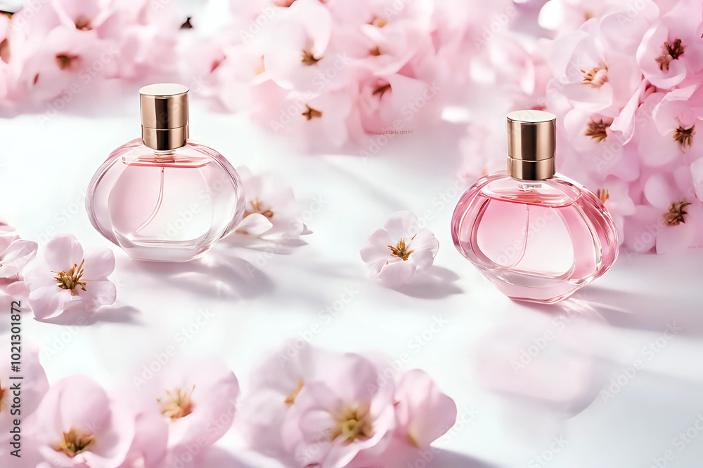 two elegant transparent glass perfume bottles on colorful background with white and pink flowers. fragrance mockup with copy space - generative ai two elegant transparent glass perfume bottles on colorful background with white and pink flowers. fragrance mockup with copy space - generative ai