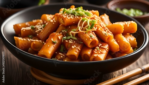 Tteokbokki, Topokki fried rice cake stick in black bowl. Korean street food
 photo