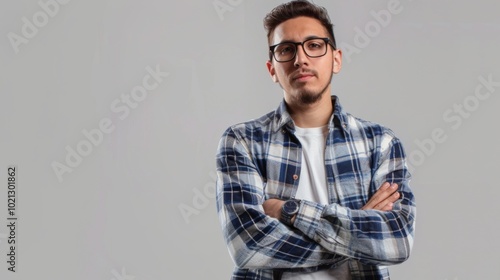 Confident Young Man in Plaid Shirt and Glasses