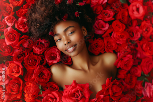 African American woman lying in flowers. Femininity, beautiful fashion model with perfect makeup and skin, top view. International Women's Day, Valentine's day, beauty photography