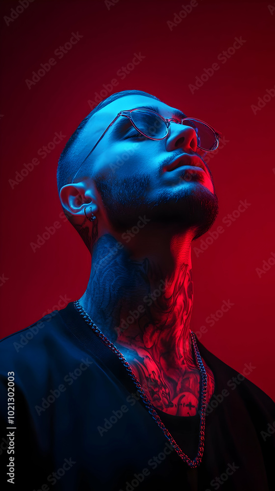 A Portrait of a Young Man with Tattoos and a Silver Chain, Illuminated by Blue and Red Lights A Portrait of a Young Man with Tattoos and a Silver Chain, Illuminated by Blue and Red Lights