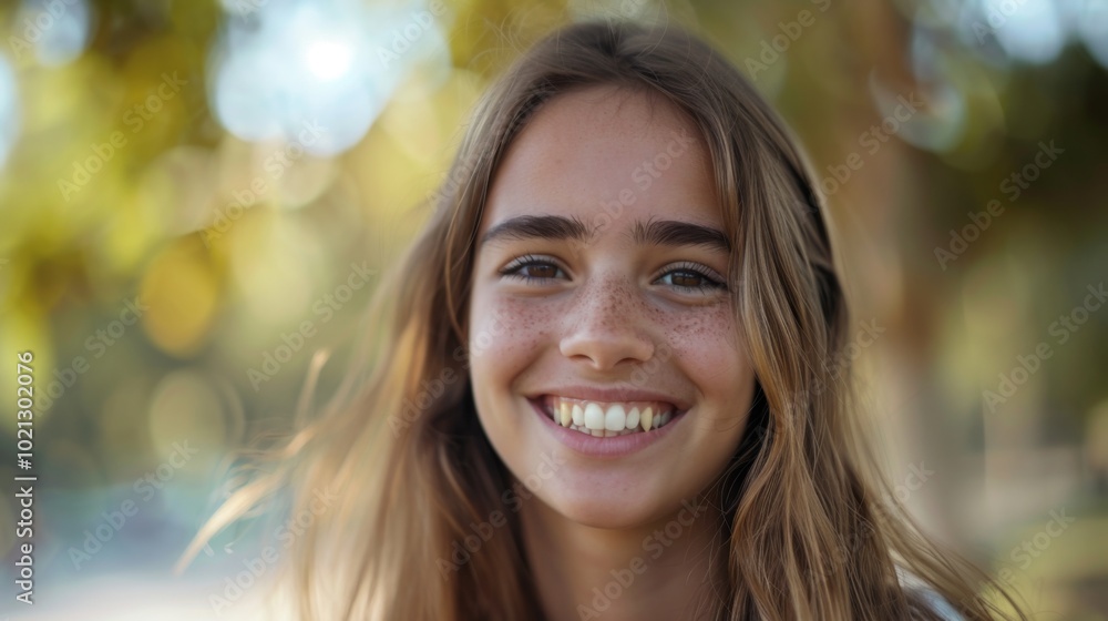 Smiling Woman with Freckles in Natural Light Smiling Woman with Freckles in Natural Light