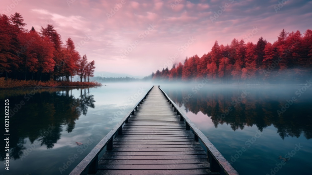 Old wooden pier at foggy sunset and blue water. Long exposure, linear perspective. Neural network ai generated art Old wooden pier at foggy sunset and blue water. Long exposure, linear perspective. Neural network ai generated art