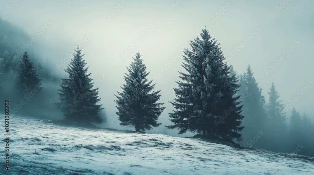 A serene winter landscape featuring tall evergreen trees shrouded in mist, creating a tranquil and atmospheric scene. A serene winter landscape featuring tall evergreen trees shrouded in mist, creating a tranquil and atmospheric scene.