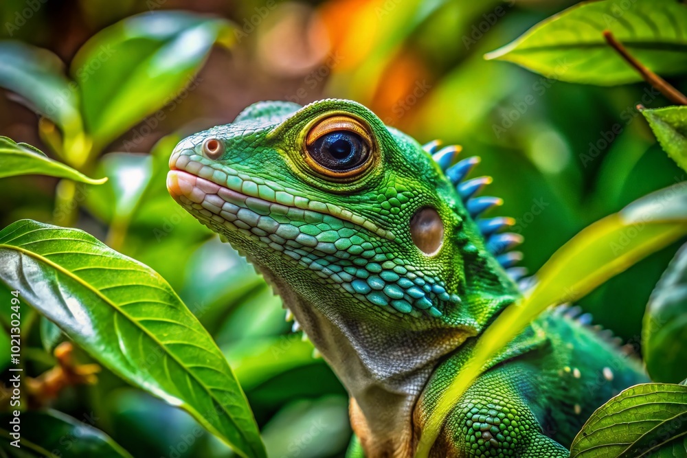 Colorful Leaf Lizard Camouflaged Among Green Leaves in Tropical Forest Environment Natural Habitat Colorful Leaf Lizard Camouflaged Among Green Leaves in Tropical Forest Environment Natural Habitat