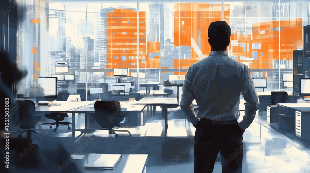 A business professional reflects on data analytics trends in a modern office environment during work hours, showcasing urban views and technology A business professional reflects on data analytics trends in a modern office environment during work hours, showcasing urban views and technology