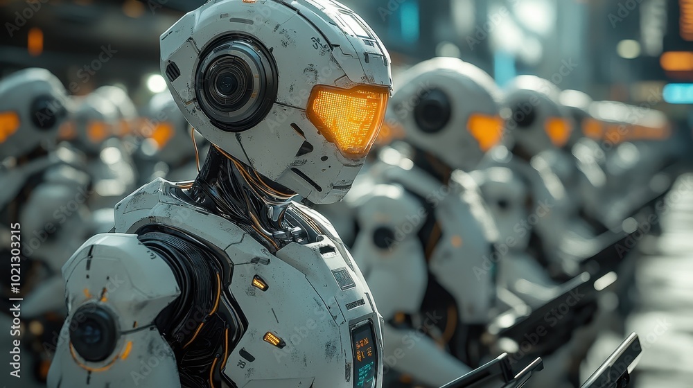 Fototapeta premium A futuristic scene featuring a row of humanoid robots with glowing features, emphasizing technology and advanced design in a sci-fi setting.