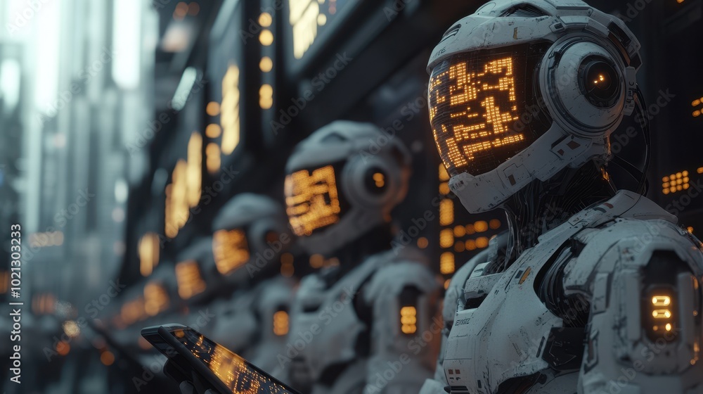 The image depicts futuristic robots in an advanced, cybernetic environment, featuring illuminated panels and a high-tech atmosphere. The image depicts futuristic robots in an advanced, cybernetic environment, featuring illuminated panels and a high-tech atmosphere.