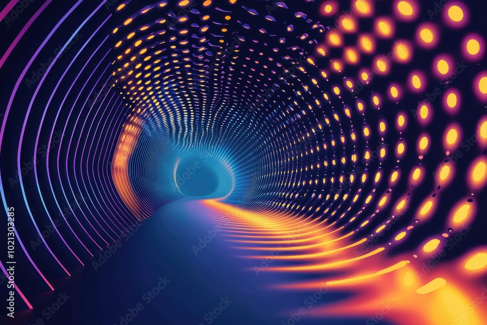 Fototapeta premium Abstract Tunnel of Curved Lines and Glowing Circles