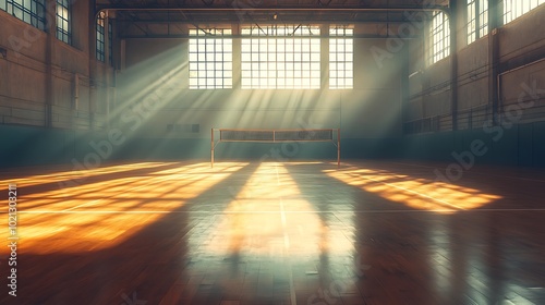 A sunlit gymnasium featuring wooden floors and a volleyball net, with rays of light streaming through large windows, creating a serene atmosphere. photo