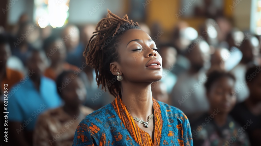 Fototapeta premium A Black woman wearing an outfit with blue and orange colors is singing in the middle of her church.