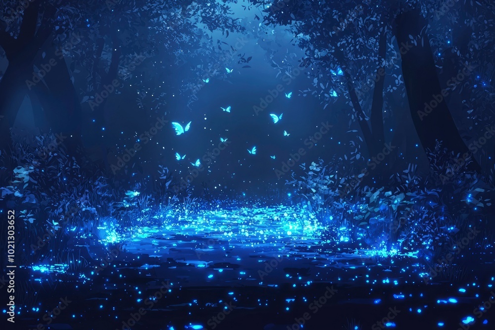 Obraz premium Blue Butterflies and Glowing Lights in a Nighttime Forest