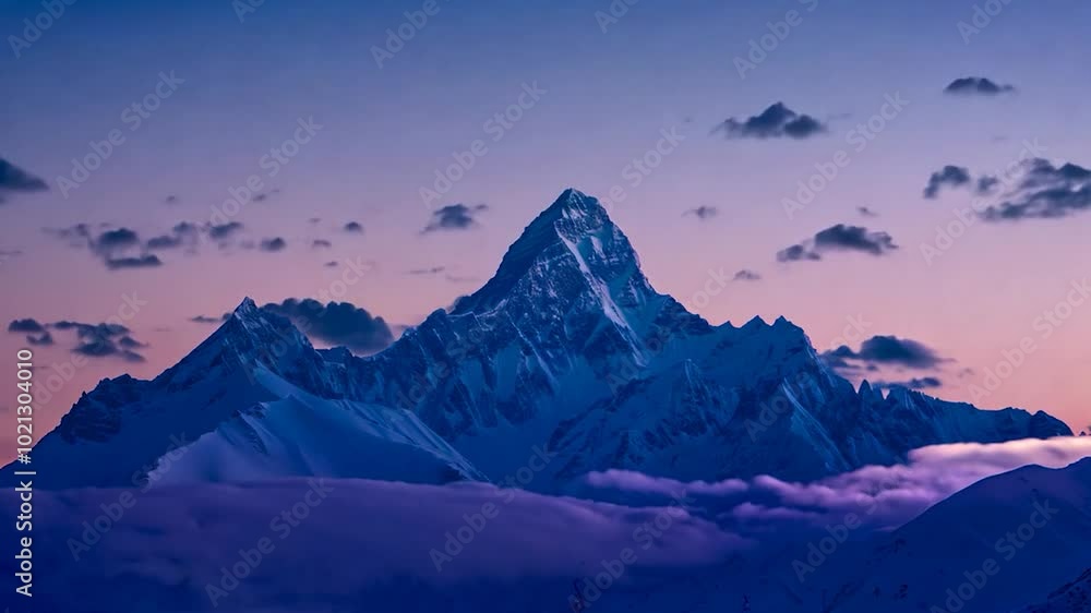 Majestic Snow-Capped Mountain Peak at Dusk with a Serene Sky and Soft Clouds Majestic Snow-Capped Mountain Peak at Dusk with a Serene Sky and Soft Clouds