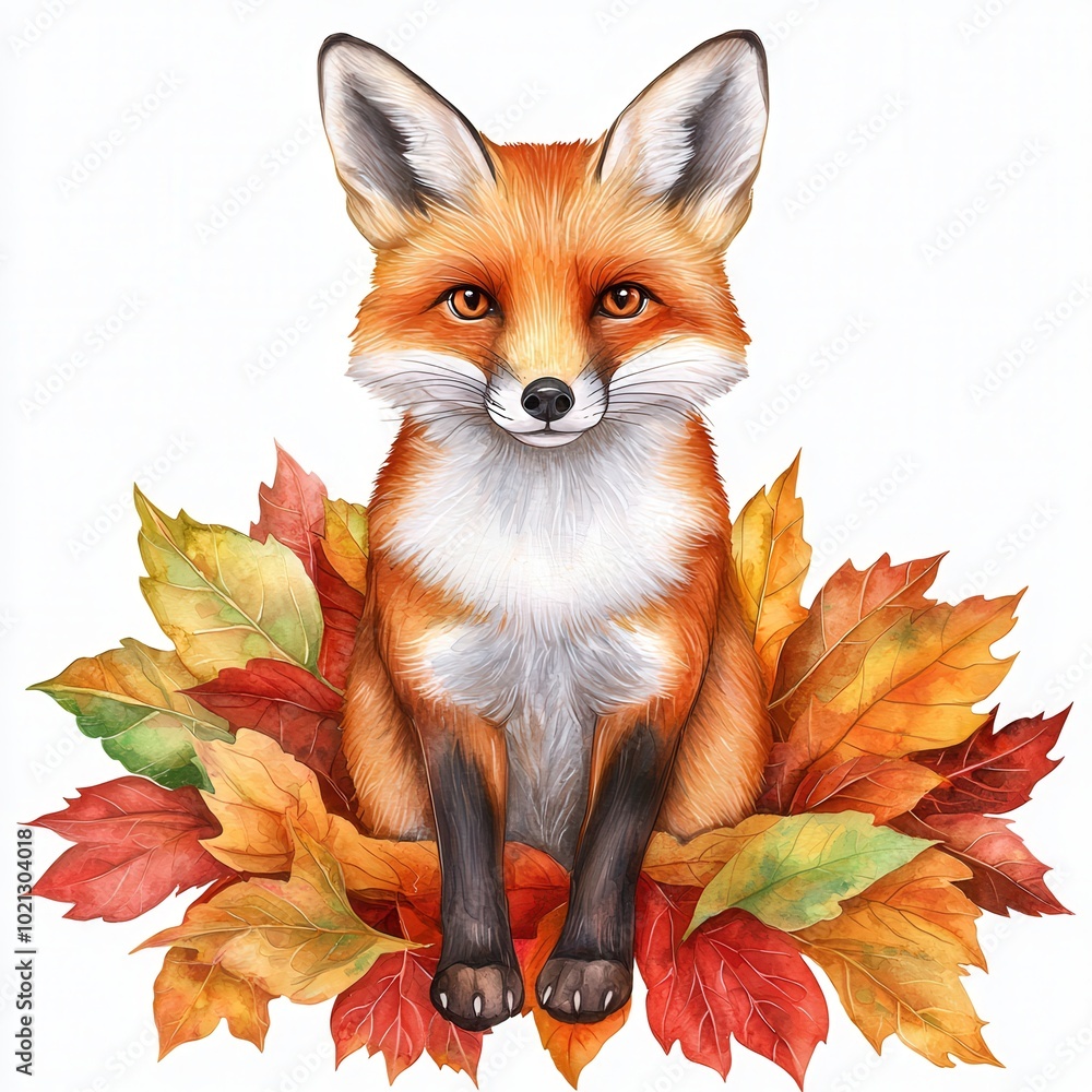 A charming fox sits among colorful autumn leaves, showcasing its vibrant fur and bright eyes, evoking a cozy fall atmosphere. watercolor, clipart, isolated on white background A charming fox sits among colorful autumn leaves, showcasing its vibrant fur and bright eyes, evoking a cozy fall atmosphere. watercolor, clipart, isolated on white background