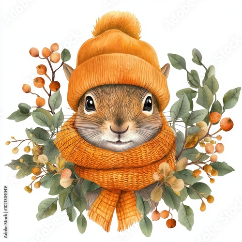 A cute squirrel in an orange hat and scarf surrounded by autumn foliage and berries, embodying a cozy, playful vibe of the fall season. watercolor, clipart, isolated on white background photo