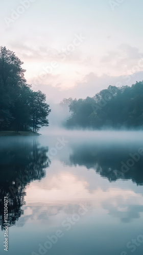 serene lake at dawn, surrounded by trees and enveloped in drifting fog, creates tranquil atmosphere. still water reflects soft colors of sky, enhancing peaceful scene photo