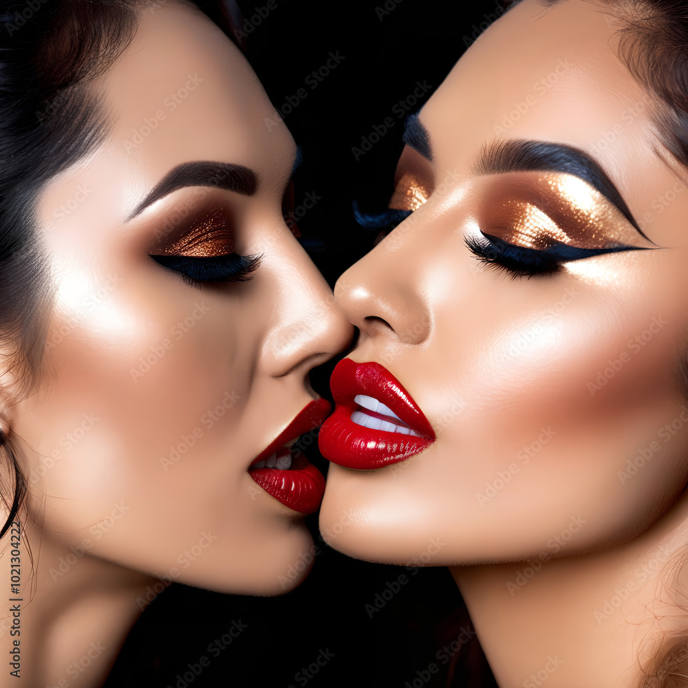 Beautiful sensual lesbian couple kissing on the lips. Kiss of two girls Beautiful sensual lesbian couple kissing on the lips. Kiss of two girls