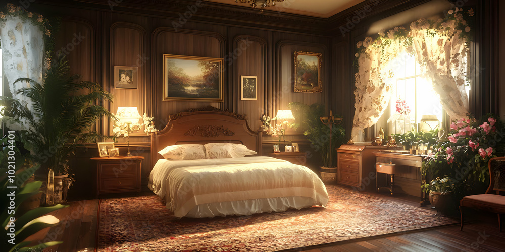 A Luxurious Bedroom with Wooden Paneling, Sunlit Windows and Plants A Luxurious Bedroom with Wooden Paneling, Sunlit Windows and Plants