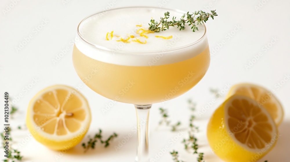 Amaretto Sour with frothy egg white, isolated on a sleek white background with decorative lemon zest and sprigs of thyme Amaretto Sour with frothy egg white, isolated on a sleek white background with decorative lemon zest and sprigs of thyme