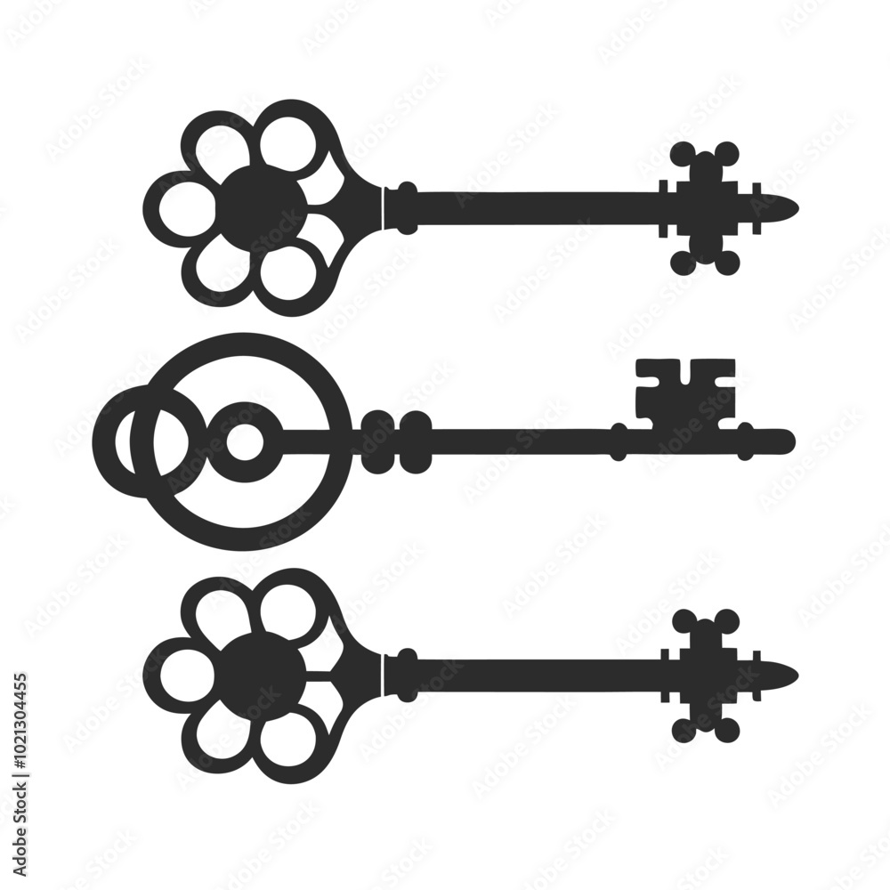 Obraz premium Vintage Key Silhouette Set Illustration. Minimalist Vintage Key Vector Design. Classic Vintage Key Icon Set Design.