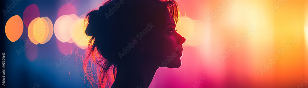 Silhouette of a Woman's Face Against a Colorful Bokeh Background, Representing a Moment of Reflection and the Blurred Lights of the City Silhouette of a Woman's Face Against a Colorful Bokeh Background, Representing a Moment of Reflection and the Blurred Lights of the City