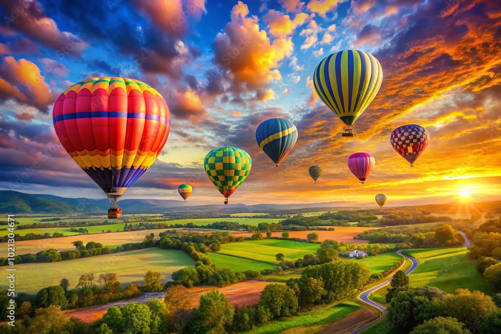 Obraz premium Colorful Paintings of Hot Air Balloons in Vibrant Skies, Ideal for Home Decor and Art Enthusiasts Seeking Inspiration
