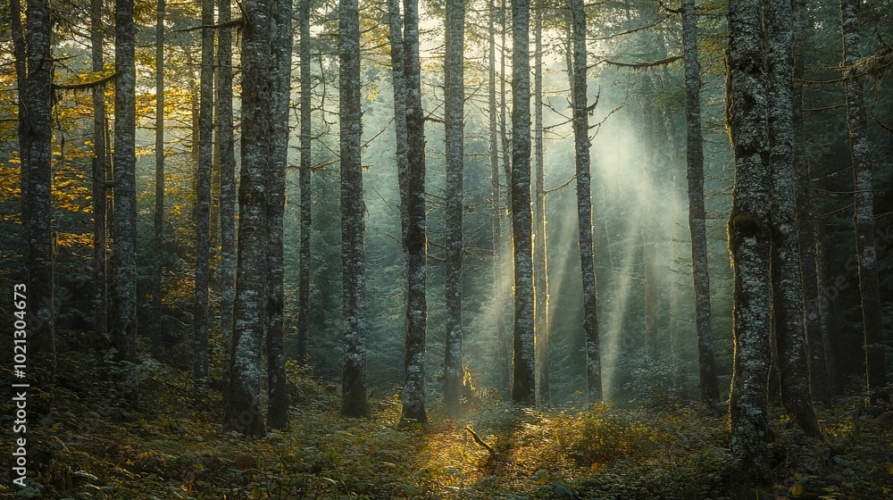 Fototapeta premium Sunlight Filtering Through Dense Forest Trees