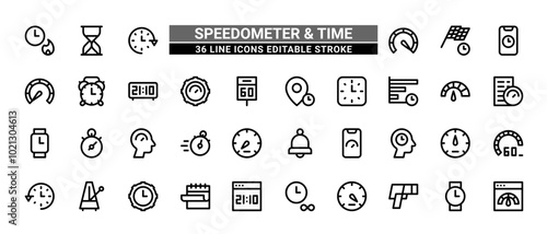 36 Speedometer and Time Line Icons Set Pack Editable Stroke Vector Illustration.