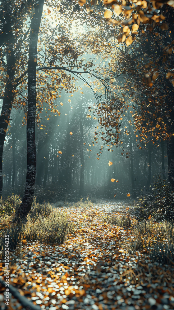 Obraz premium serene forest path illuminated by soft sunlight filtering through trees, with golden leaves gently falling and creating magical atmosphere