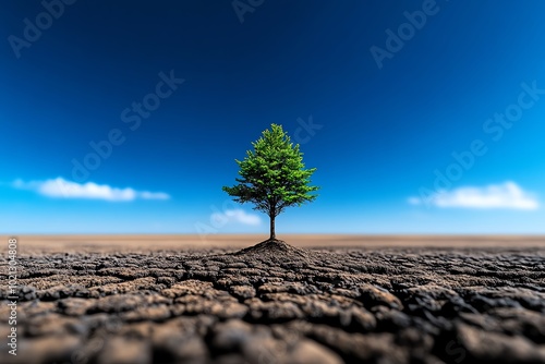 Minimalist design of a single tree growing alone in a vast, empty landscape, symbolizing transcendentalismâ€™s focus on individuality and nature #1021304808