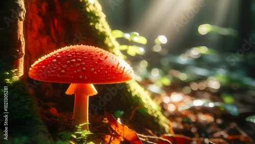 red white toxic mushroom food spotted with grems on it in the tropical forest photo