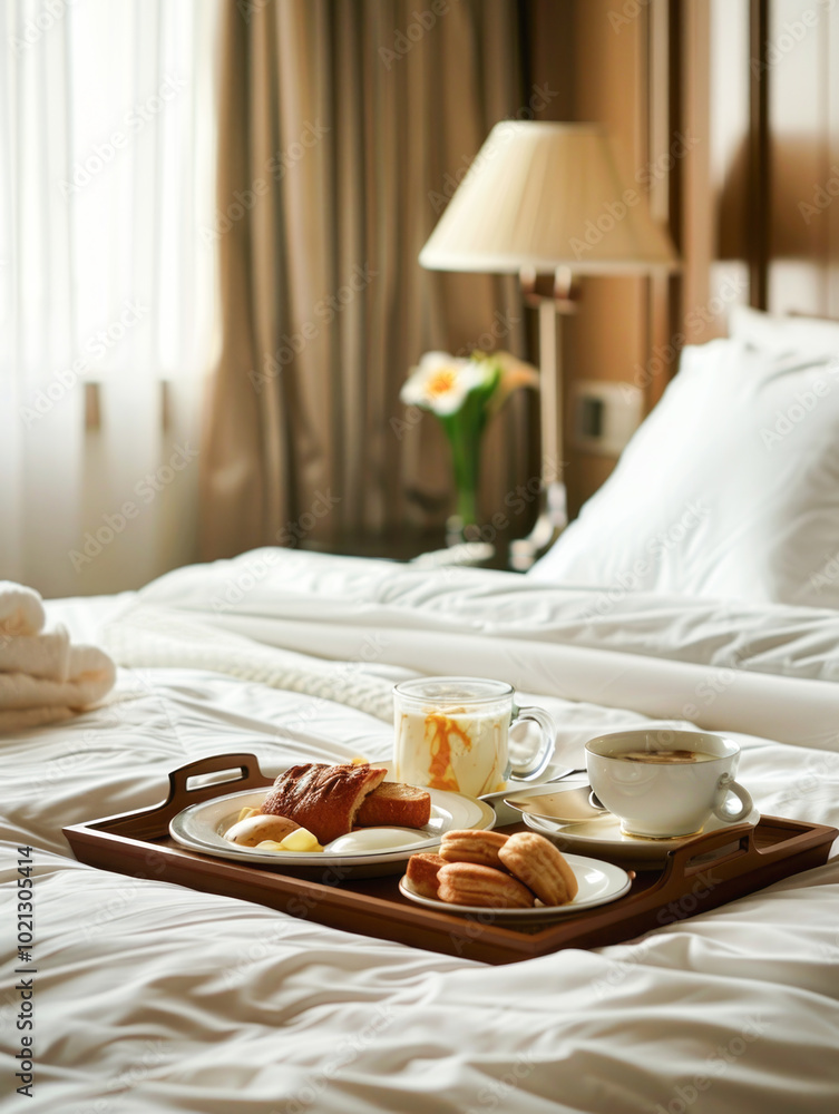 Breakfast tray with coffee, croissants, and cheese on a bed in a bright, sunlit bedroom. Hotel room service and relaxation concept Breakfast tray with coffee, croissants, and cheese on a bed in a bright, sunlit bedroom. Hotel room service and relaxation concept
