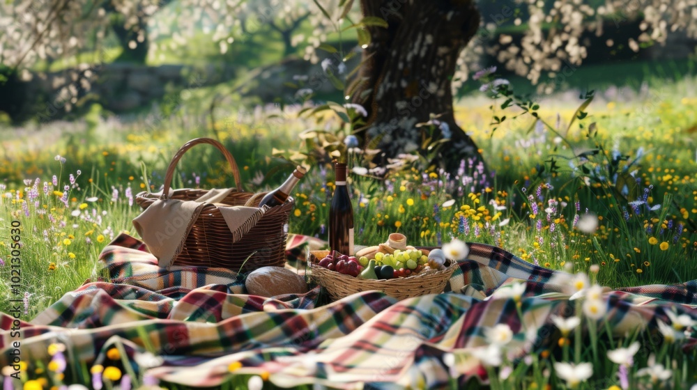 Romantic Picnic in a Flower Meadow: Enjoying Wine and Fresh Fruit Romantic Picnic in a Flower Meadow: Enjoying Wine and Fresh Fruit